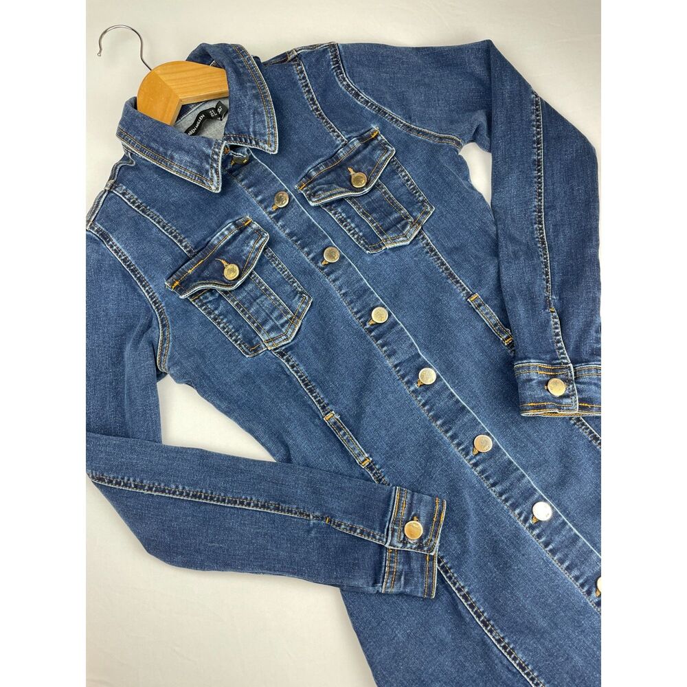 ~ Karen Millen Dress 2 Denim Stretch Midi Button Up Blue Maxi Boho Long Sleeve